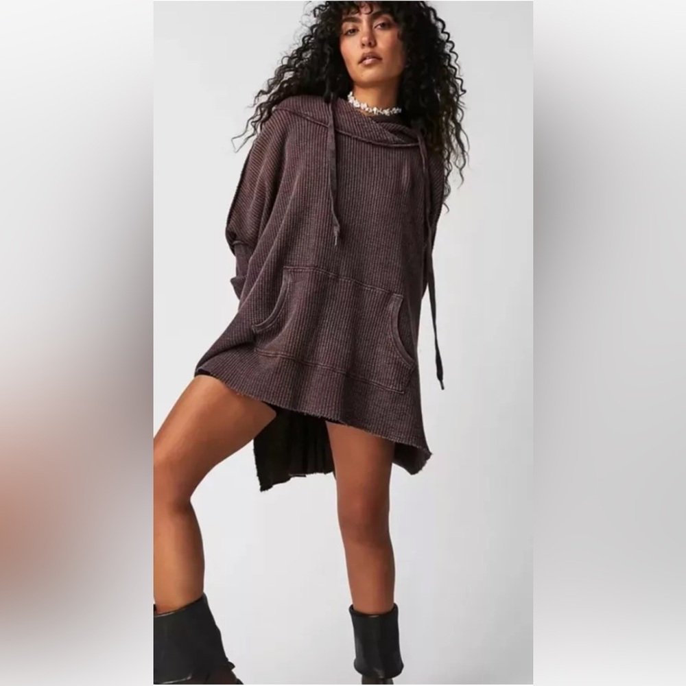 Free People One Gannet Hoodie Waffle Knit Front Pocket Side Slits Brown - Picture 1 of 9